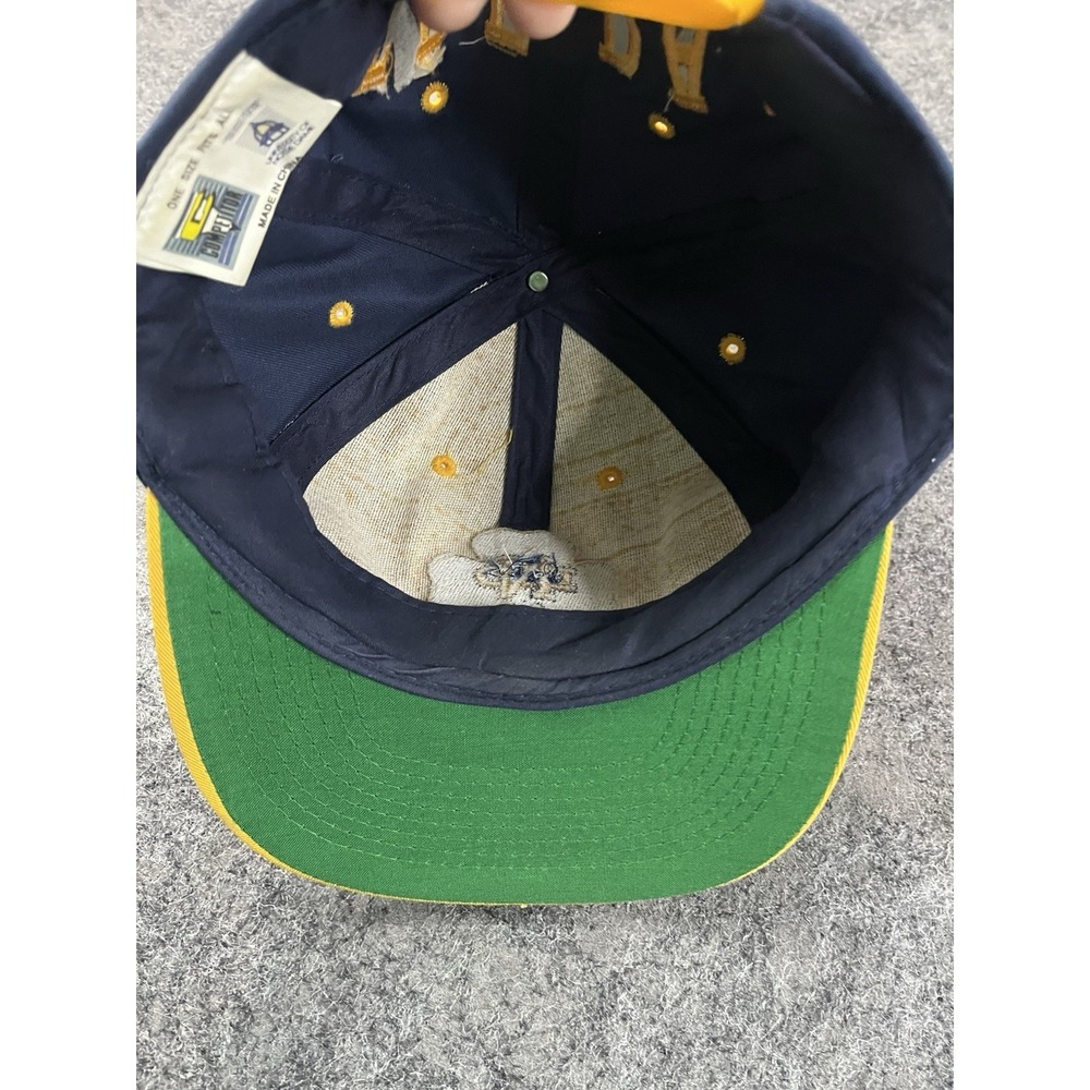 Vintage Notre Dame Logo 7 Snapback Hat Cap Script Spellout Shamrock Navy Yellow - Picture 8 of 8